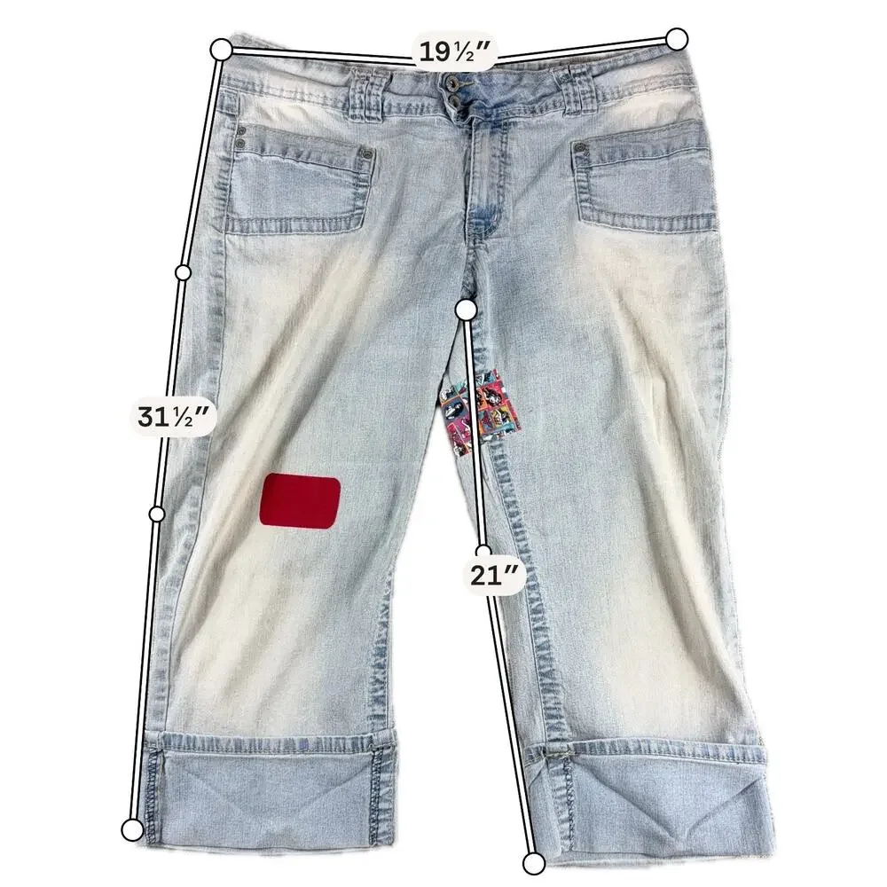 Angels Y2K Light Wash Cuffed Capri Jeans Custom Comic Patch Wide Leg 39 Waist